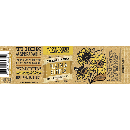Honey package label with text and a sunflower design on a white background