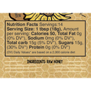 Nutrition facts label for raw honey on a brown background