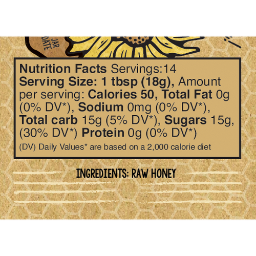 Nutrition facts label for raw honey on a brown background