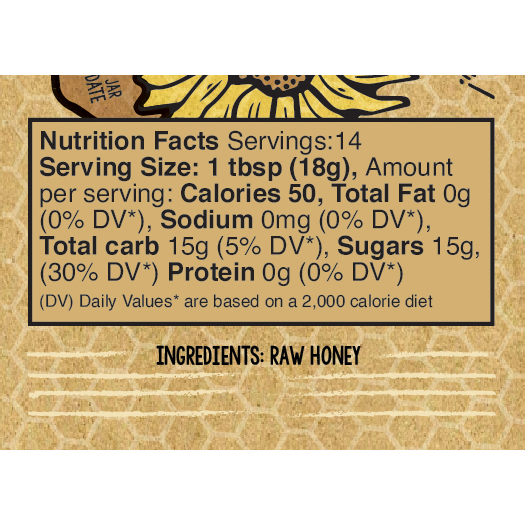 Nutrition facts label for raw honey on a brown background