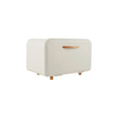 Cream bread box with wood handle and feet on a white background