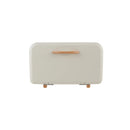 Rectangular cream colored bread box with wooden handle and feet on a white background