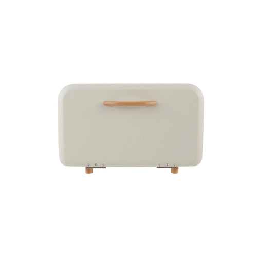 Rectangular cream colored bread box with wooden handle and feet on a white background