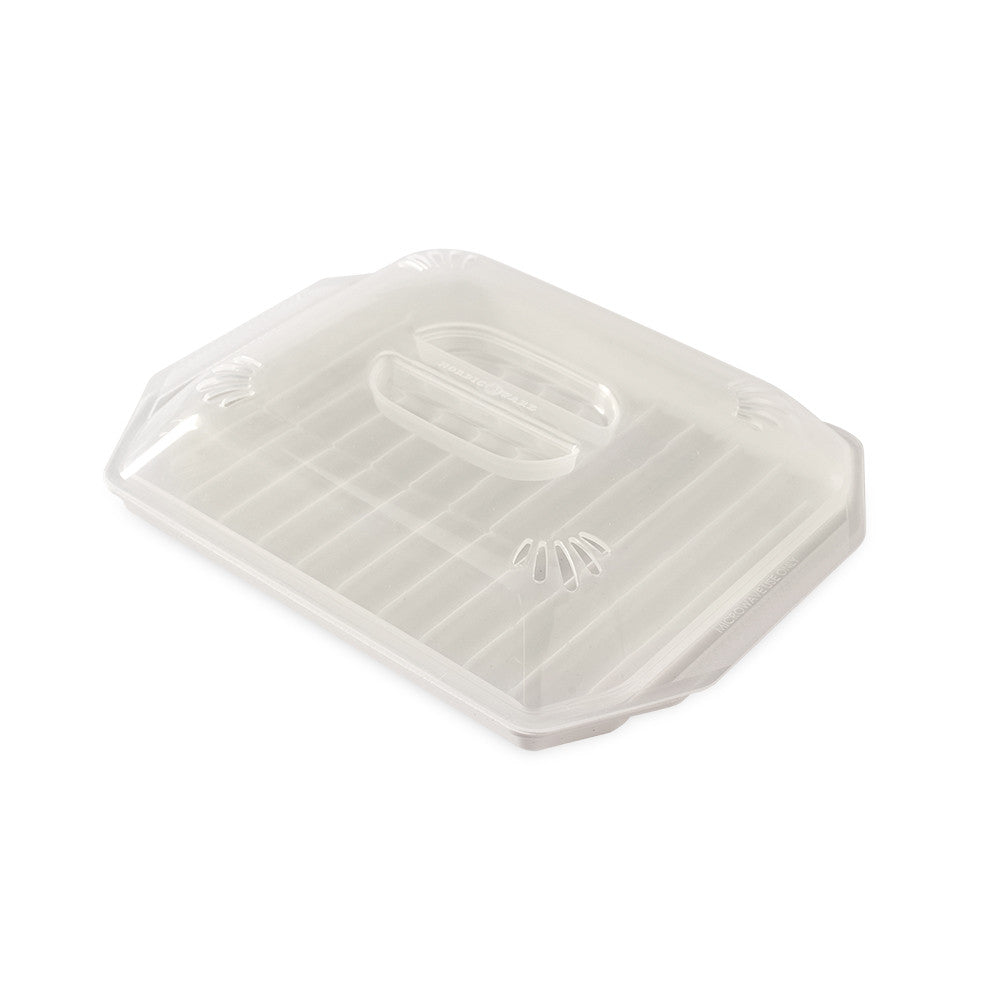 White bacon rack with a clear lid on a white background