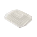 White bacon rack with a clear lid on a white background