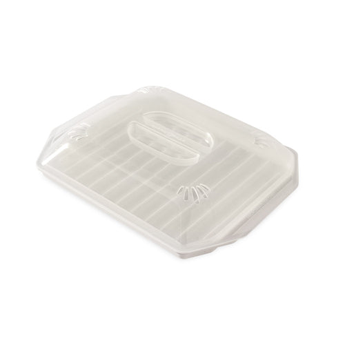 White bacon rack with a clear lid on a white background
