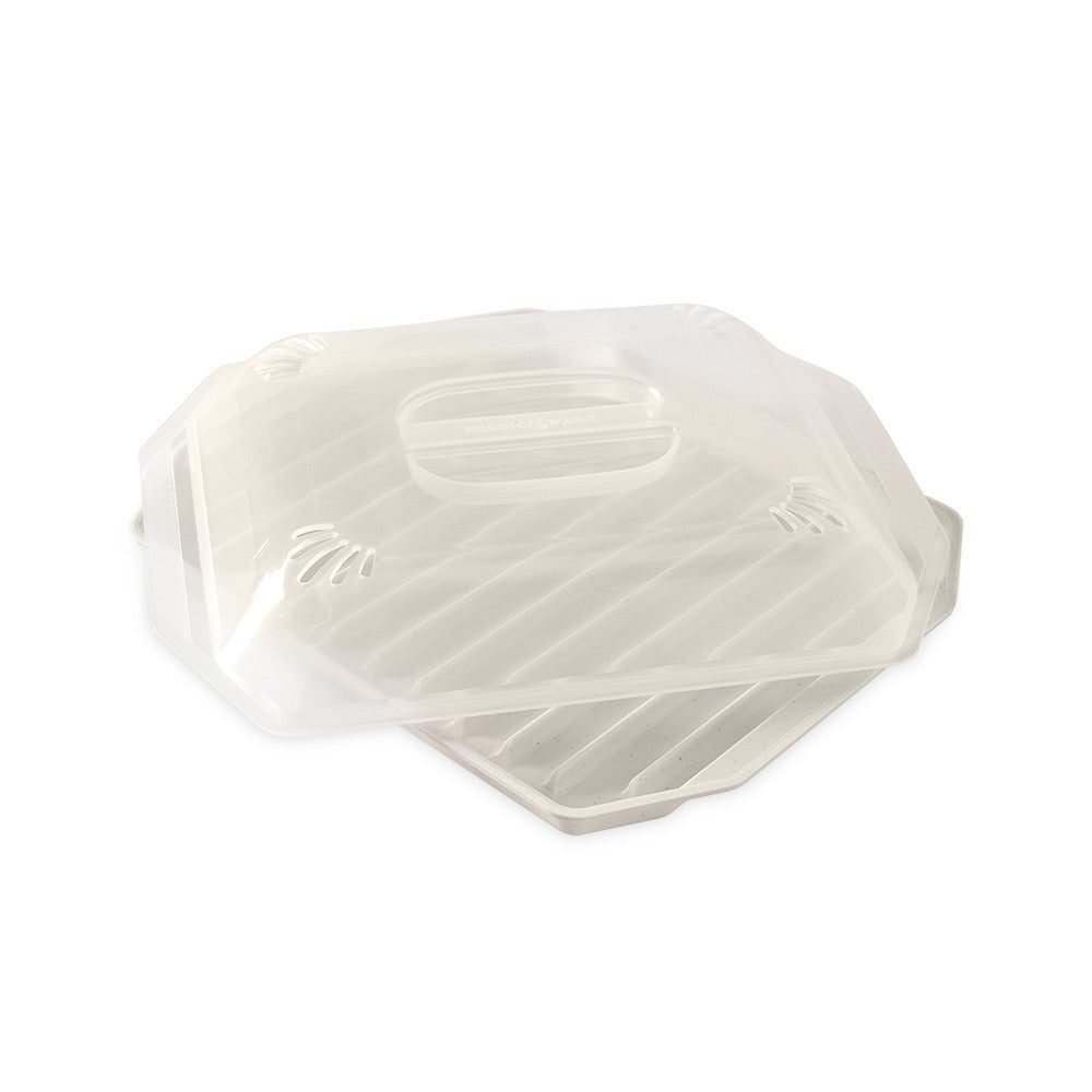 White microwave bacon container with a lid on a white background