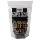 Packaged milk chocolate coffee beans from South Bend Chocolate Company on a white background