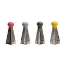 A set of four mini 3-sided graters with stainless steel bodies and colored knobs in red, gray, green, and yellow.