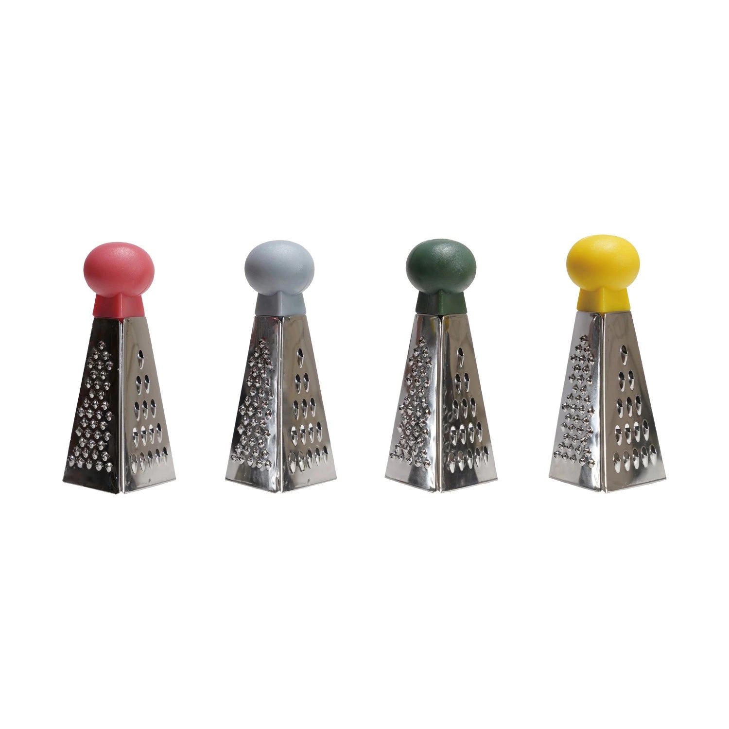 A set of four mini 3-sided graters with stainless steel bodies and colored knobs in red, gray, green, and yellow.