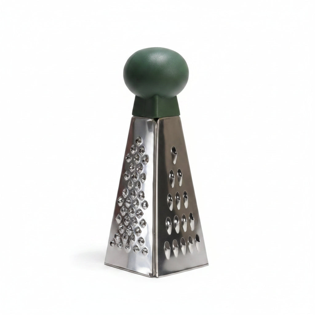 A mini 3-sided grater with stainless steel body and green knob handle on a white background.