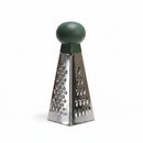 A mini 3-sided grater with stainless steel body and green knob handle on a white background.