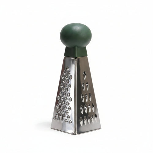 A mini 3-sided grater with stainless steel body and green knob handle on a white background.