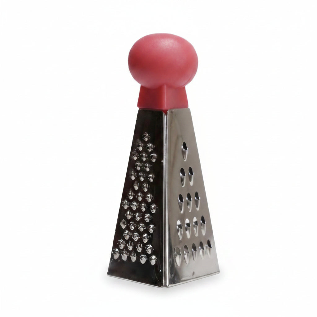 A mini 3-sided grater with stainless steel body and red handle on a white background.