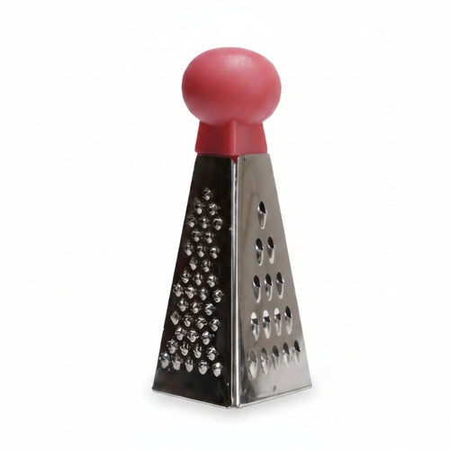 A mini 3-sided grater with stainless steel body and red handle on a white background.