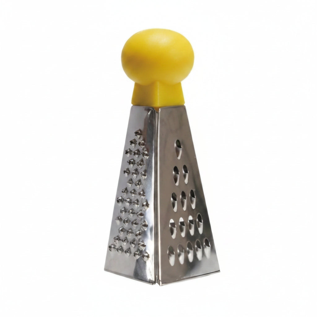 A mini 3-sided grater with stainless steel body and yellow knob handle on a white background.