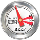 A closeup of the face of a mini beef thermometer on a white background.