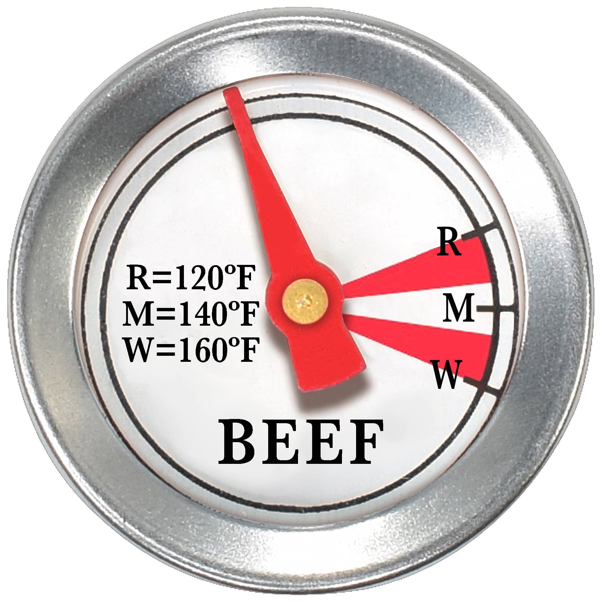 A closeup of the face of a mini beef thermometer on a white background.