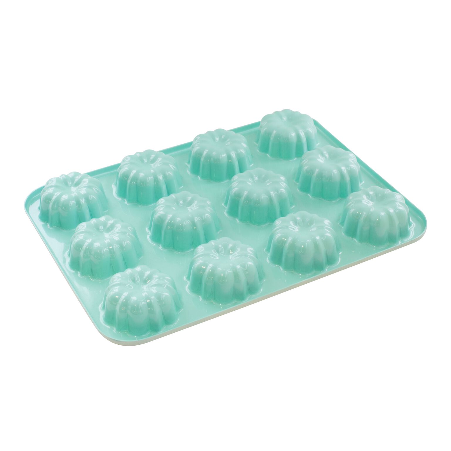 Turquoise mini bundt cake pan on a white background.