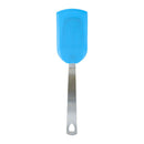 Blue silicone spatula with metal handle on a white background