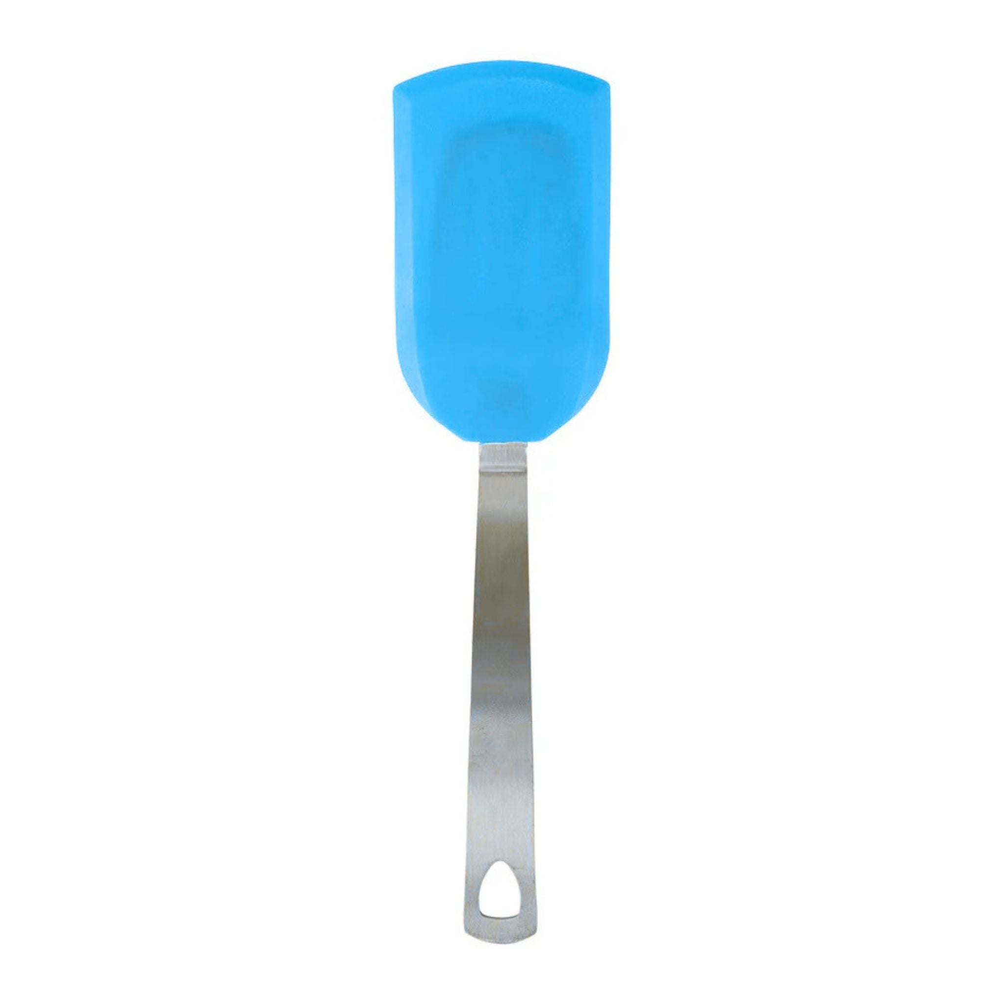 Blue silicone spatula with metal handle on a white background