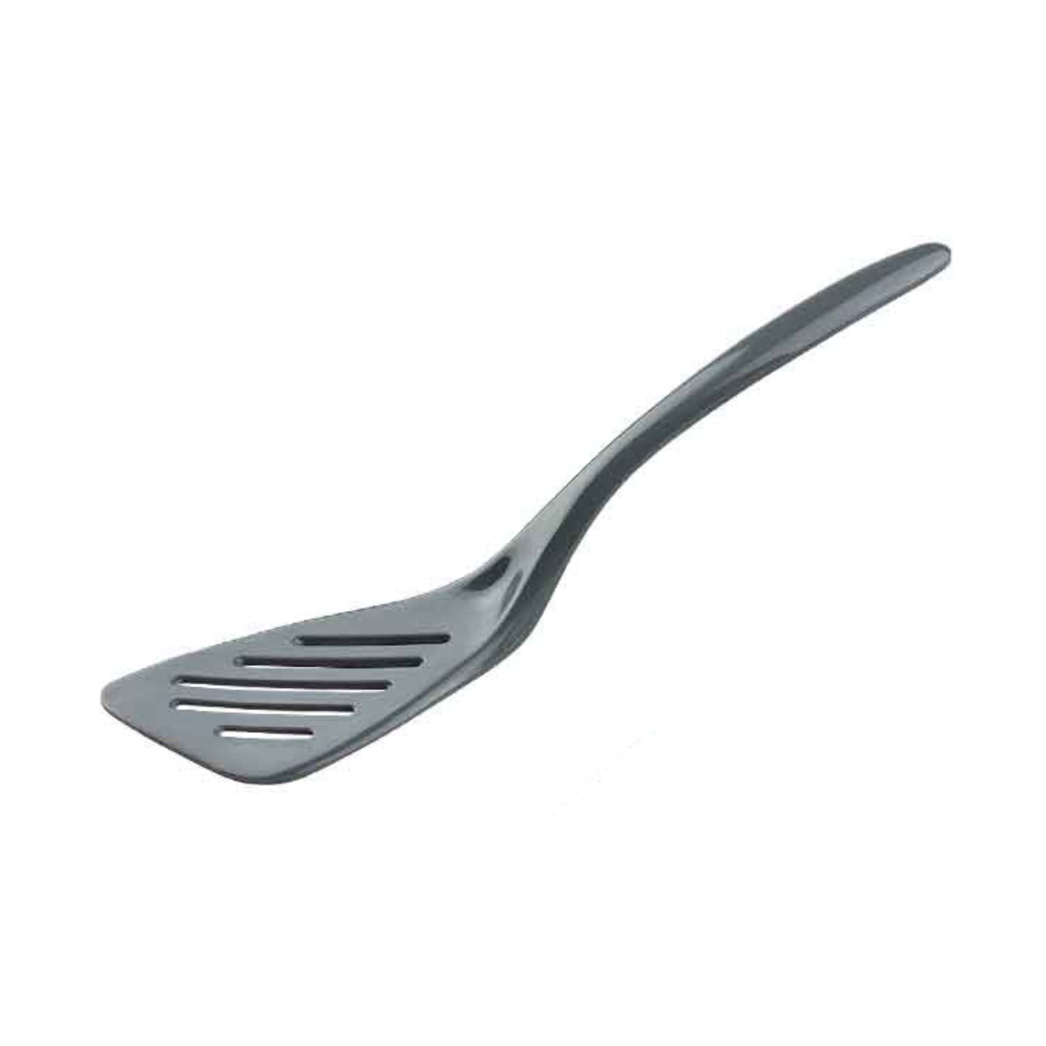 Gray slotted spatula on a white background