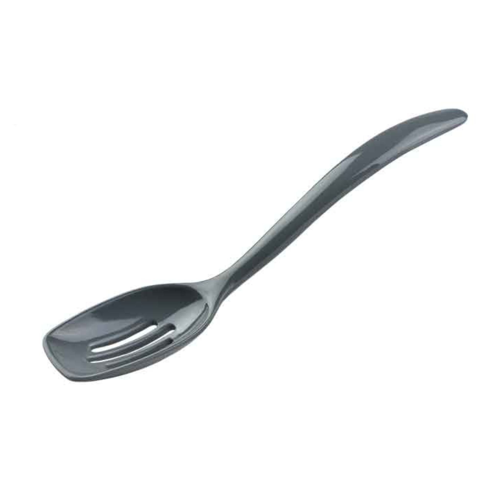 Gray mini slotted spoon on a white background.