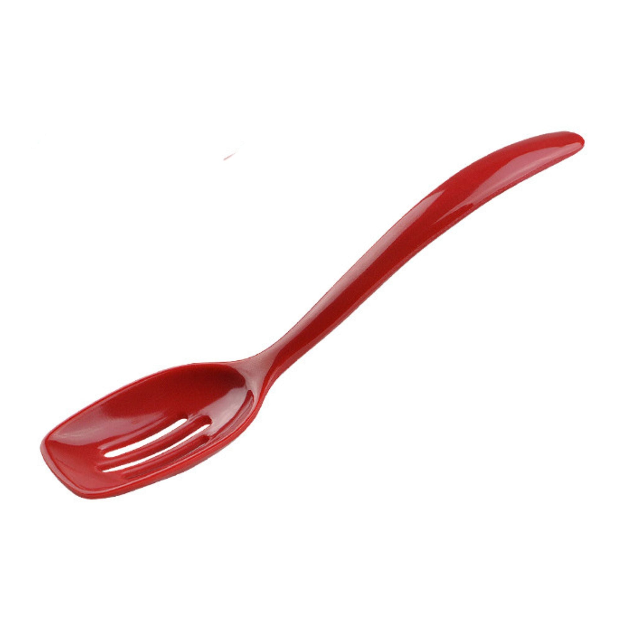 Red mini slotted spoon on a white background.