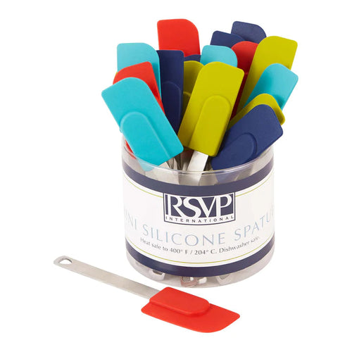 A collection of mini spatulas in assorted colors including red, blue, turquoise, and green, packaged in a clear container with the brand RSVP visible on the label.