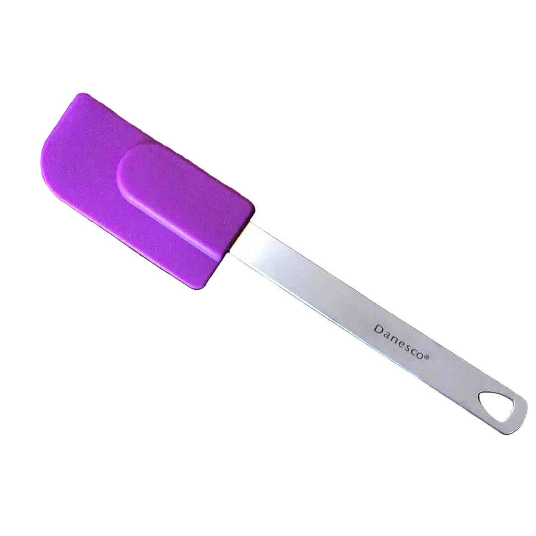 A purple mini spatula with stainless steel handle on a white background.