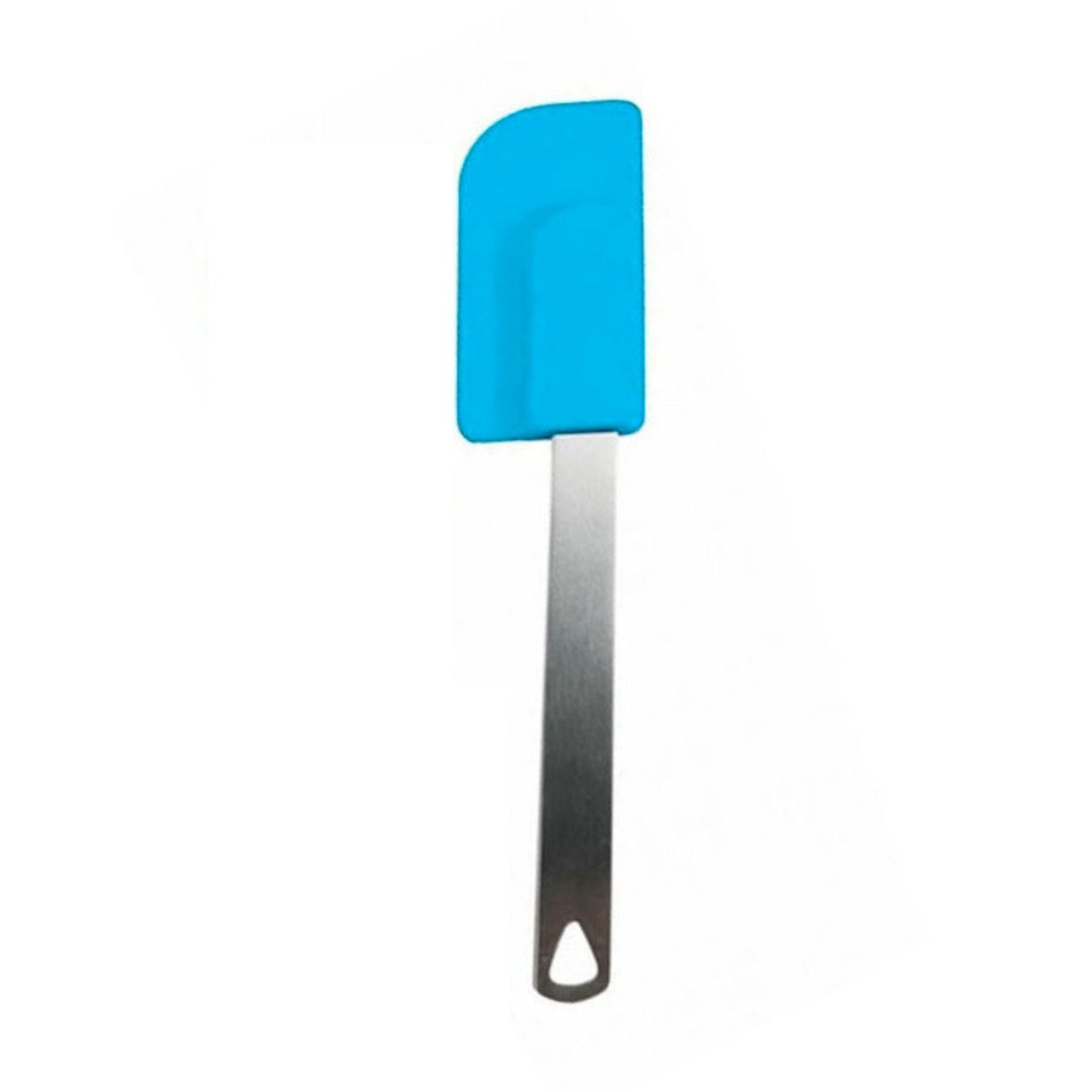 A blue mini spatula with stainless steel handle on a white background.