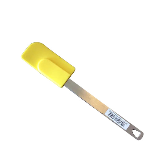 Yellow spatula with a metal handle on a white background