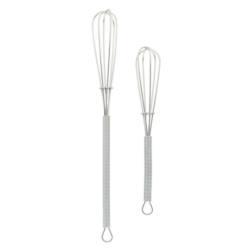 Two metal whisks on a white background