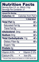 Nutrition facts label for a product with serving size, calories, and nutritional content.