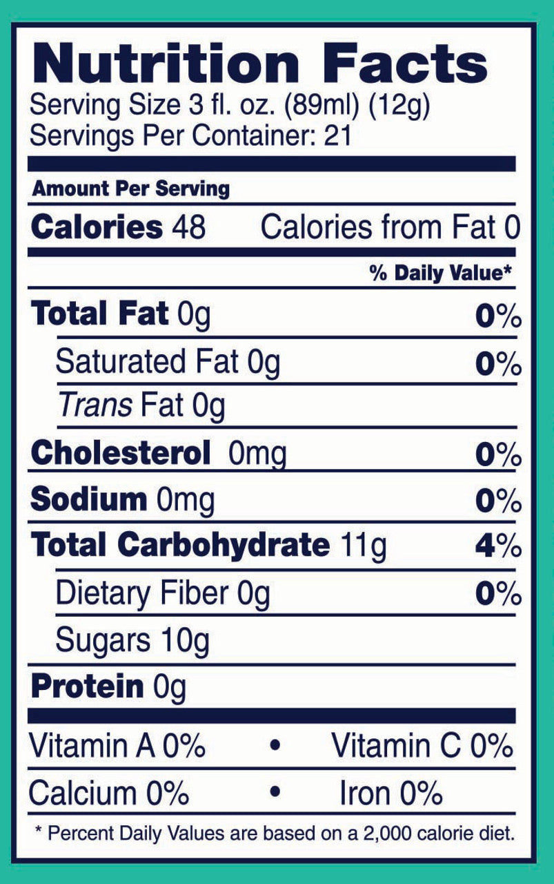 Nutrition facts label for a product with serving size, calories, and nutritional content.
