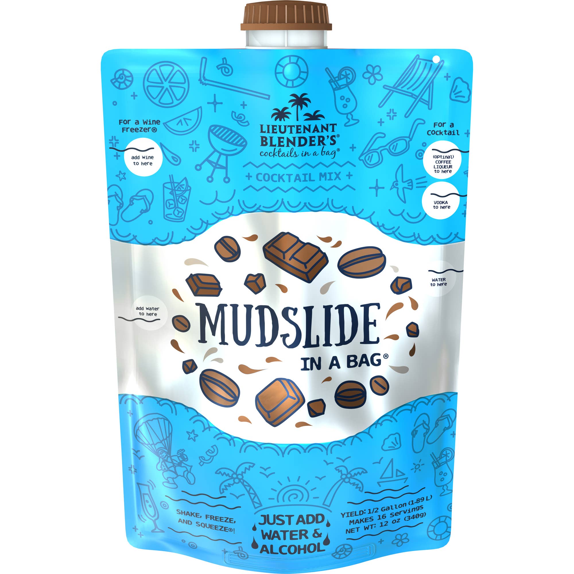 Mudslide cocktail mix in a bag with blue and white design