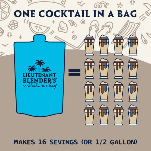 Blue bag labeled 'Lieutenant Blender's cocktails in a bag' with illustrations of cocktails on a beige background.