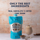 Mudslide in a Bag packaging with a coffee drink and ingredients on a wooden background