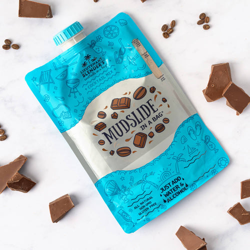 Mudslide in a Bag packaging with chocolate pieces around on a white background