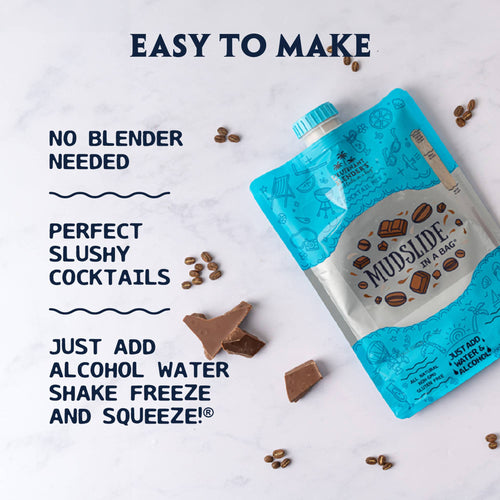 Mudslide in a Bag packaging with chocolate pieces and coffee beans on a white background