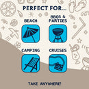 Product advertisement with icons for beach, BBQs & parties, camping, and cruises on a beige background.