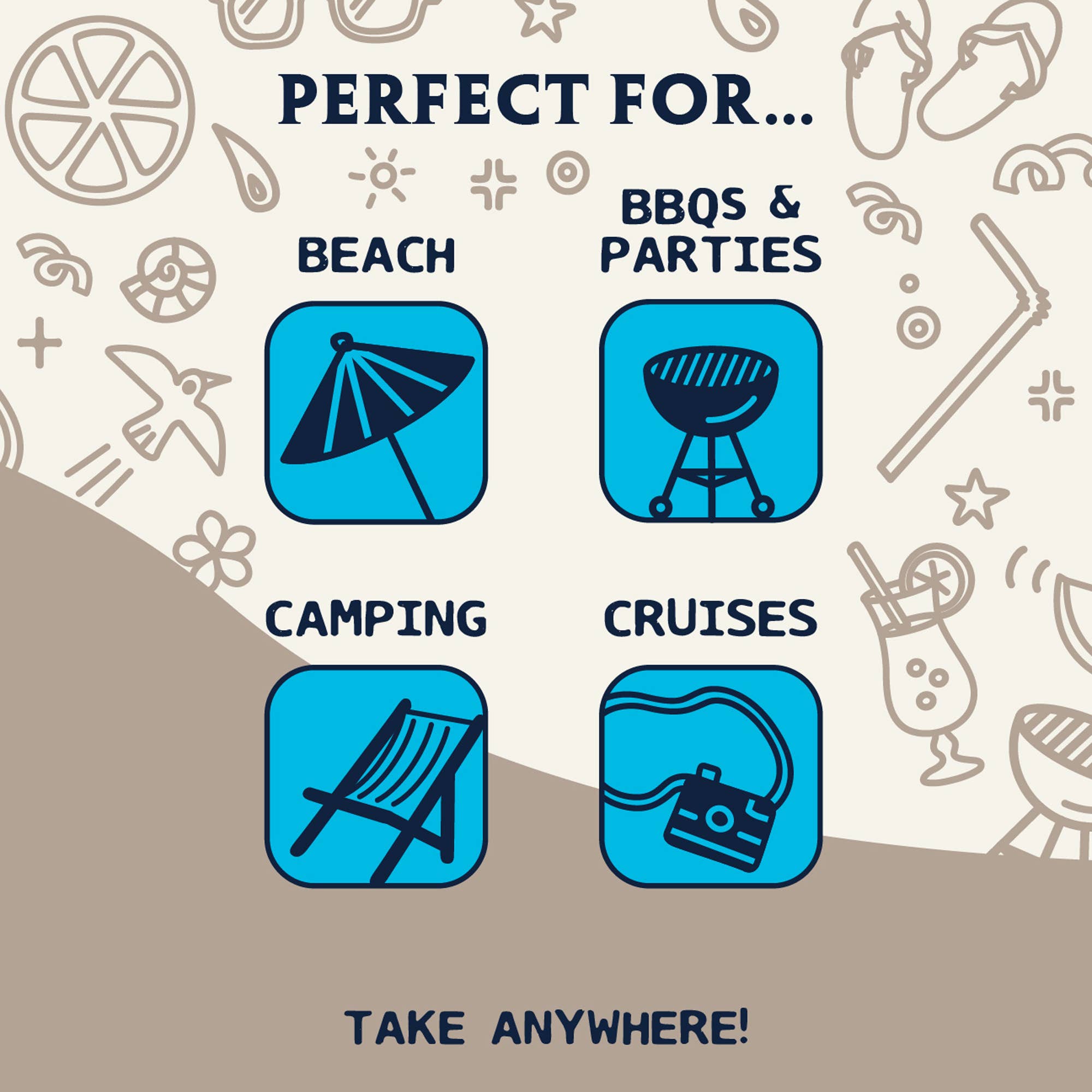 Product advertisement with icons for beach, BBQs & parties, camping, and cruises on a beige background.