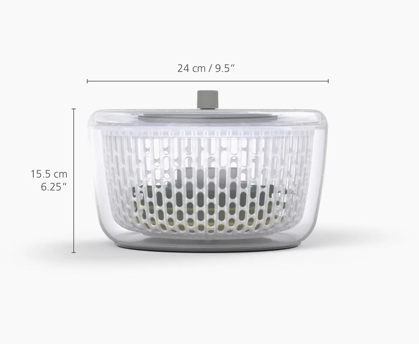 Clear salad spinner with dimensions labeled on a white background