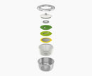 All of the pieces and parts included in the Joseph Joseph Multi Prep salad spinner set on a white background.
