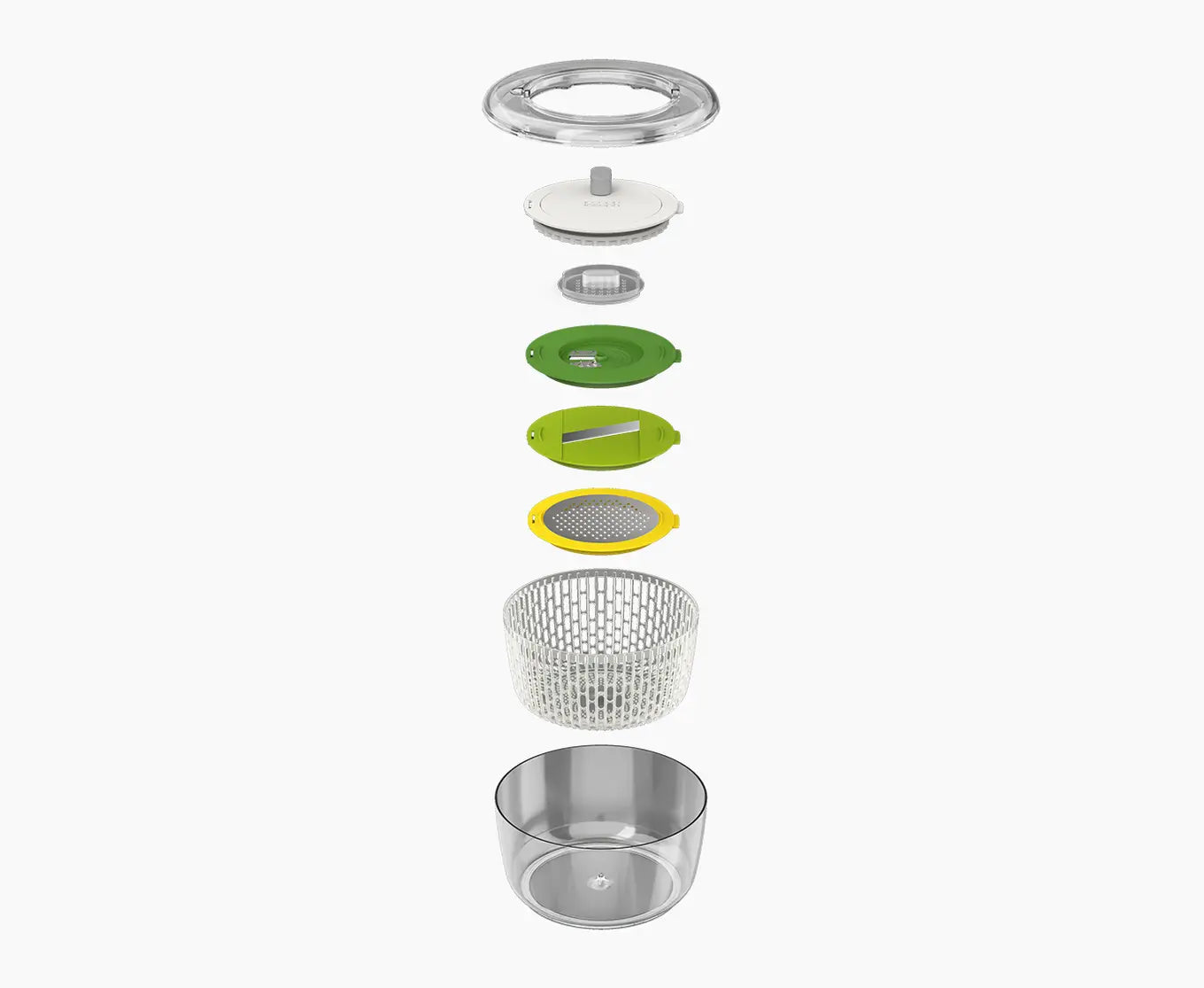 All of the pieces and parts included in the Joseph Joseph Multi Prep salad spinner set on a white background.