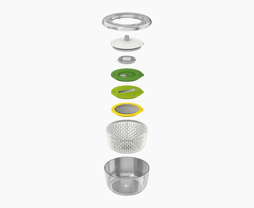 All of the pieces and parts included in the Joseph Joseph Multi Prep salad spinner set on a white background.