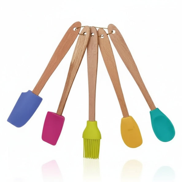 Mutil Color Kitchen Utensil Set - Silicone and Beech Wood