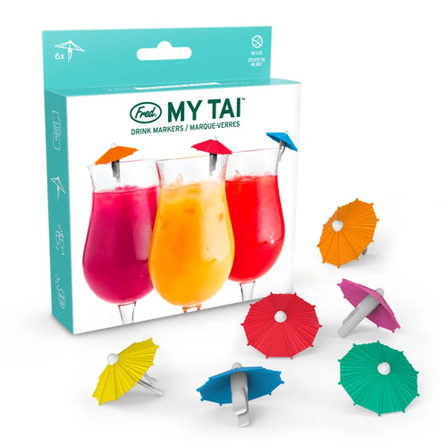 Packaging of MY TAI drink markers with colorful umbrellas on a white background