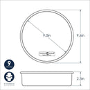 Measurement chart for a 9-inch round metal cake pan with dimensions and 'Made in the USA' label.