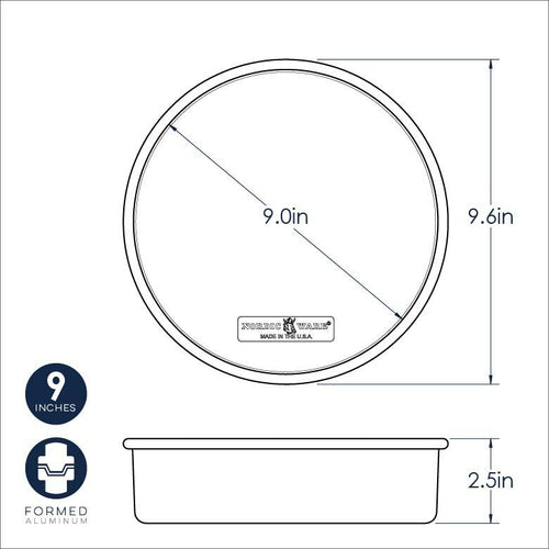 Measurement chart for a 9-inch round metal cake pan with dimensions and 'Made in the USA' label.